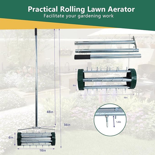 Heavy Duty Rolling Lawn Aerator,Rolling Lawn Aerator, Rotary Push Tine Spike Soil Lawn Aerator Gardening Tool with 3-Piece Long Steel Handle for Garden Yard Grass Maintenance,Garden Yard Rotary Push