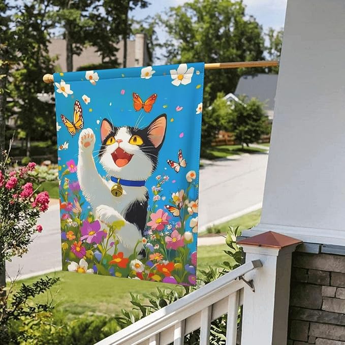Cat Flower Garden Flag Vertical Double Sided Outdoor Yard Flags 12.5x18 Inch Burlap Banners for House Lawn