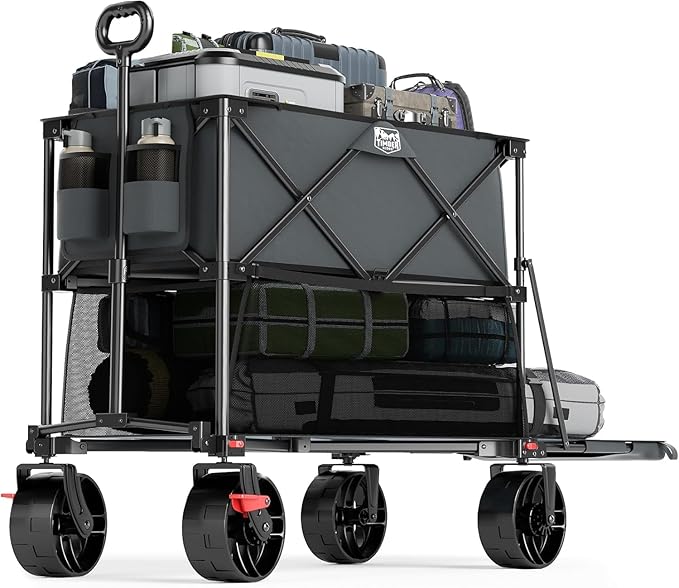 TIMBER RIDGE 400L Large Capacity Folding Double Decker Wagon with Brakes, 54" Extra Long Extender Wagon Cart, 450lbs Heavy Duty Collapsible Cart, All-Terrain Big Wheels for Camping, Sports, Shopping