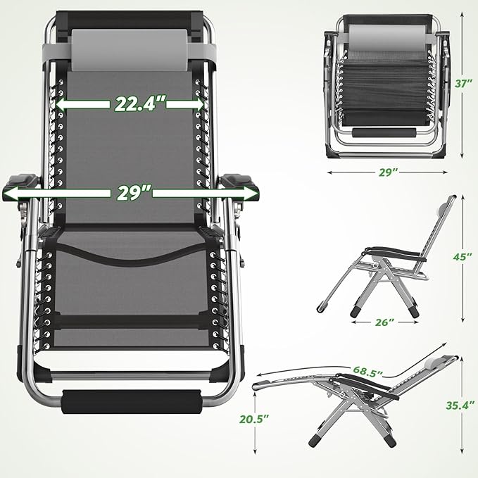 ZENPETIO 29In XL Zero Gravity Chair w/Cushion, Zero Gravity Recliner Lounge Chair for Indoor and Outdoor, Reclining Camping Chair for Lawn, Anti Gravity Chair with Cup Holder and Footrest, 440LBS