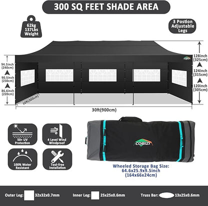 COBIZI 10x30 Pop Up Canopy with 8 Sidewall,Heavy Duty UPF 50+ All Season Wind Waterproof Commercial Outdoor Wedding Party Tents for Parties Canopy Gazebo with Roller Bag(10 x 30 ft Black)