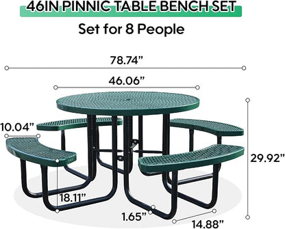 8-Person Picnic Tables for Outdoors, Industrial 46" Expanded Metal Round Picnic Table with 4 Benches & Umbrella Hole, Outside Table and Bench Set for Park, Garden, Backyard, Patio, Green
