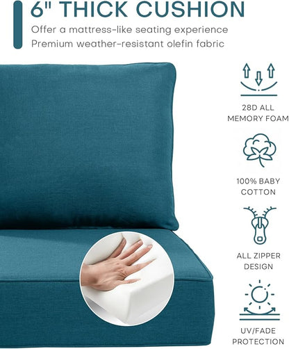 Luxury 22x24/22x25 6-Inch Outdoor Seat Cushions - Set of 2 Water Resistant Patio Chair Cushion for Porch Set Rattan Dining Rocker Glider Chairs Loveseat Couch Sectional Sofa - Peacock Blue