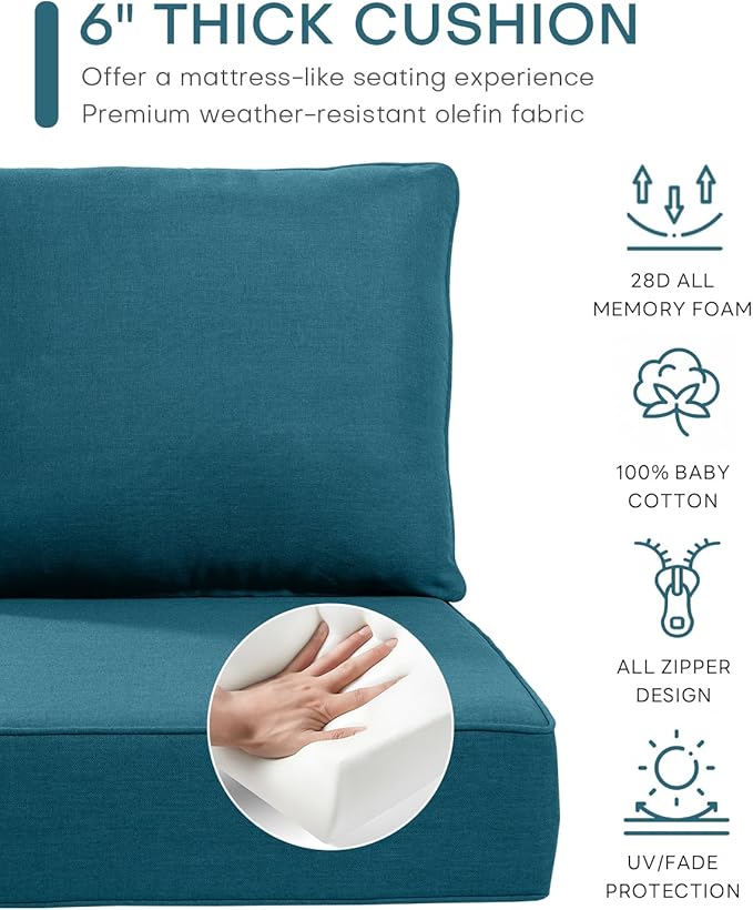 Luxury 24x24x6 Inch Outdoor Deep Seat Cushions Set of 6 - Comfortable Patio Zipper Chair Cushion for Outside Wicker Dining Rocking Swivel Chairs Loveseat Couch Sectional Sofa - Peacock Blue