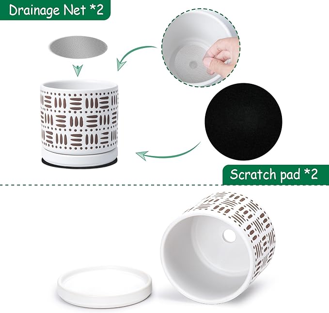 D'vine Dev Set of 2 Ceramic Planter Pots with Drainage Hole and Saucer, 4.5 Inch Plant Pots for Plants Indoor Houseplants, White, 99-Z-F-1-V