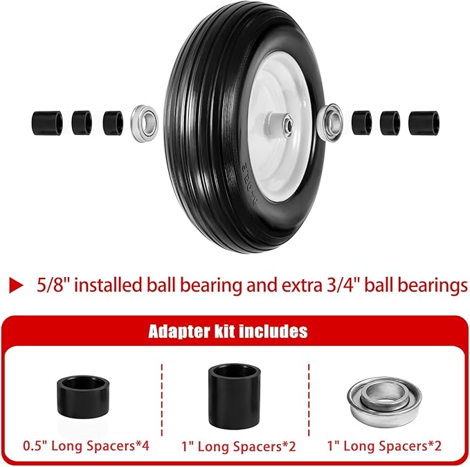 (2-Pack) Fits 4.80/4.00-8, 3.50/2.50-8, 4.00-6, 4.00-8 Wheelbarrow Wheels,14.5" Wheelbarrow Flat Free Tire, with 3/4" & 5/8" Bearing,3" Hub for Garden Cart Trolley Wagon Lawn Mower