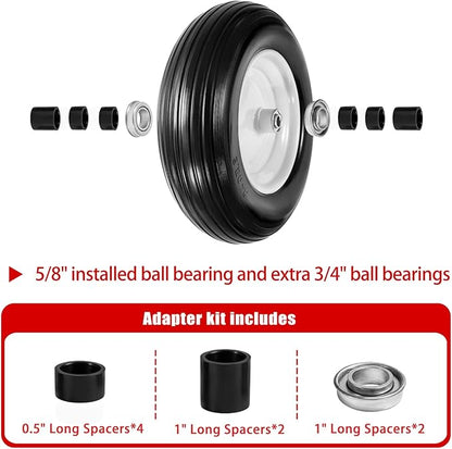 (2-Pack) Fits 4.80/4.00-8, 3.50/2.50-8, 4.00-6, 4.00-8 Wheelbarrow Wheels,14.5" Wheelbarrow Flat Free Tire, with 3/4" & 5/8" Bearing,3" Hub for Garden Cart Trolley Wagon Lawn Mower