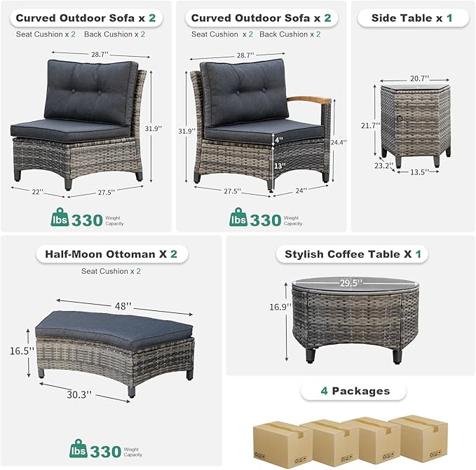 MEISSALIVVE 8 Piece Outdoor Patio Furniture Set, Half-Moon Curved Sectional Set with Wood Armrests, Patio Conversation Set, 2 Half-Moon Ottomans，Coffee & Side Tables (Grey)