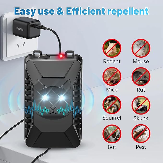Ultrasonic Rodent Repellent, 2 Pack Plug-in Mouse Rat Pest Bat Squirrels Skunks Repellent for Car with Battery Powered Under Hood, Keep Mice Out of Cars Engines, Indoor, Outdoor, Garage, Room