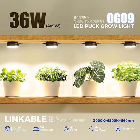 Barrina Orbgrow OG09 Puck LED Grow Light with 660nm Red LEDs, 36W(4 x 9W, 540 Watt Equiv), Plant Lights for Indoor Plants Full Spectrum, Magnetic & Linkable, Small Grow lamp, Seeding, 4 Packs, Black