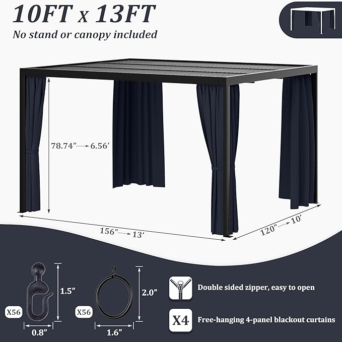 Gazebo Universal Replacement Privacy Curtain,10'×13' Gazebo Outdoor Waterproof Curtains, 4-Panels Sidewall Curtains with Double Zipper for Patio Canopy, Garden and Backyard (Curtain Only)