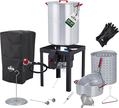 Hike Crew 50,000 BTU Outdoor Propane Turkey Fryer Kit with igniter and Stainless-steel funnel – Complete Kit Includes 30qt and 10qt pots ant strainer baskets , 12-Inch and 5-inch thermometers rack and