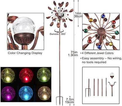 Solar Wind Spinner Multi-Color LED Lighting by Solar Powered Glass Ball with Kinetic Wind Aculptures Dual Direction Decorative Lawn Ornament Wind Mill.