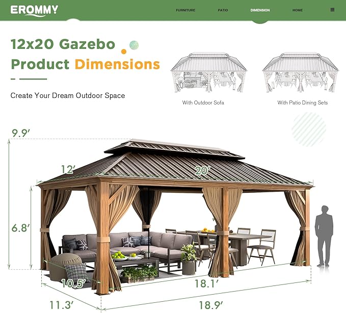 EROMMY 12'x20' Gazebo, Galvanized Steel Double Roof with Wood Grain Aluminum Frame, Outdoor Permanent Metal Pavilion with Curtains and Nettings for Patio, Backyard and Deck