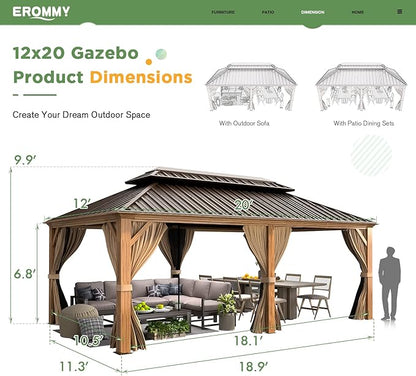EROMMY 12'x20' Gazebo, Galvanized Steel Double Roof with Wood Grain Aluminum Frame, Outdoor Permanent Metal Pavilion with Curtains and Nettings for Patio, Backyard and Deck
