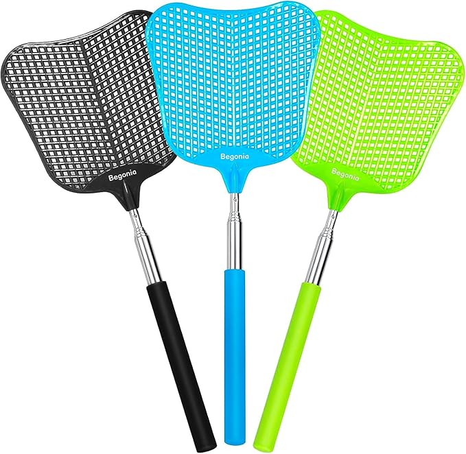Telescopic Fly Swatter, Begonia Fly Swatter for Indoors,Manual Plastic Flyswatter Heavy Duty with Stainless Steel Telescopic Handle (3 Pack)