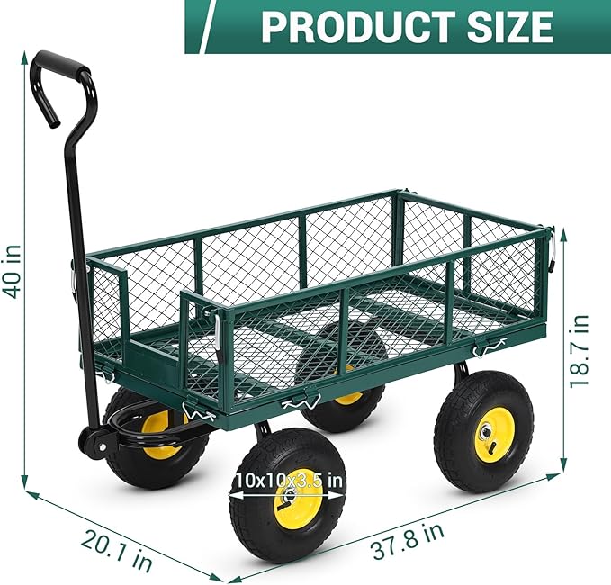 Heavy-Duty Steel Garden Cart, 900 Lb Yard Dump Metal Cart with 4-Side Removable Mesh and All Terrain 10" Tires, Flatbed Convertible Yard Wagon, Green