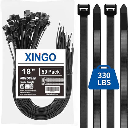 XINGO 18 Inch Black Large Zip Ties Heavy Duty 50 Pack, 330 LBS Ultra Exclusive Strong Plastic Wire Ties, Large Cable Ties Extra Long Ties Wraps For Indoor and Outdoor Use