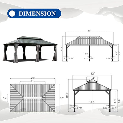 Domi 12' X 20' Hardtop Gazebo Large Outdoor Metal Gazebo with Galvanized Steel Double Roof Canopy, Aluminum Frame, Curtains and Netting for Patio, Deck, Garden, Grey