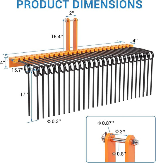 72" Durable Powder Coated, Steel Pine Grass Rake, Steel Spring Landscape Rake, Cat 0 Cat 1 Attaches to Tractor, 3-Point Hitch, Black + Orange
