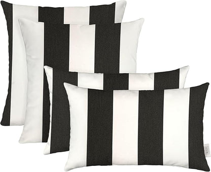 RSH DECOR: Sunbrella Lumbar & Square Pillows Set of 4 20 x12 & 17"x17", Water and Fade-Resistant, Outdoor Throw Pillows for Patio Furniture, Cabana Classic Black Stripe - Made in USA
