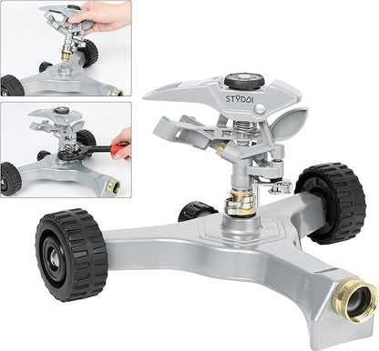 STYDDI Metal Pulsating Sprinkler on in-Series Metal Wheeled Base, Adjustable Circular Water Sprinkler for Medium to Large Circular Lawn, Yard, Garden and Large Areas, Coverage up to 6,360 Sq. ft