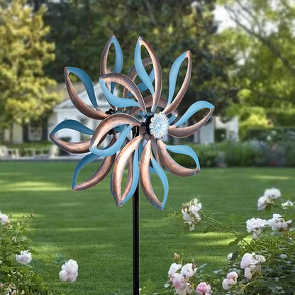Metal Wind Spinners Outdoor,Vintage Kinetic Wind Spinner Garden Pinwheels with Metal Stake for Patio,Lawn,Garden,Creative Gifts for Women, 57.5 * 13.5 Inch (Blue)