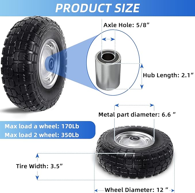 12'' Flat Free Tires Rubber Replacement Solid Tire and Wheel Assemblies for Hand Trucks Garden Cart Wheelbarrow - 3.5”Wide Polyurethane Tires 2.1 Hub with 5/8 Inch Axle Borehole Silver