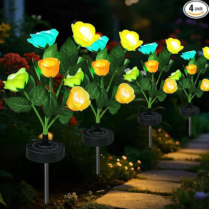 Solar Flowers Lights - Upgraded Outdoor Yellow Rose Flowers Lights, 7-Color Changing & Waterproof Outdoor Solar Lights for Garden, Patio, Backyard,Party and Office (Yellow Rose, 4)