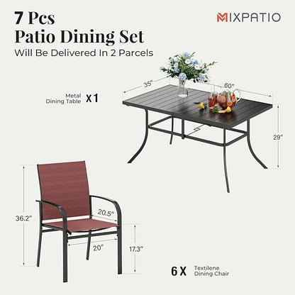 Patio Dining Set 7 Piece Outdoor Furniture Set with Metal Patio Dining Table with Umbrella Hole for Deck Garden Backyard Lawn, Red