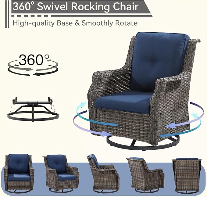 4 Piece Patio Furniture Set, 2 Swivel Glider Chairs and 2 Ottomans PE Wicker Footstool, Outdoors Rattan Conversation Set with Deep Seating and Olefin Cushions, for Backyard, Garden, Navy
