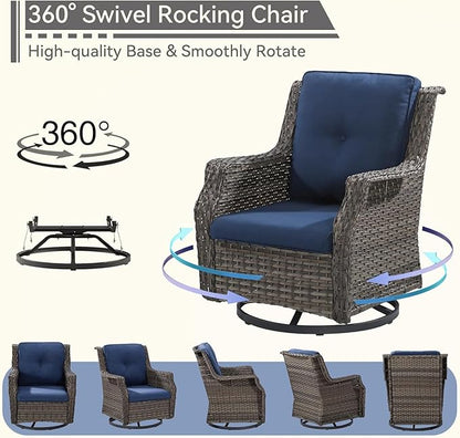 4 Piece Patio Furniture Set, 2 Swivel Glider Chairs and 2 Ottomans PE Wicker Footstool, Outdoors Rattan Conversation Set with Deep Seating and Olefin Cushions, for Backyard, Garden, Navy