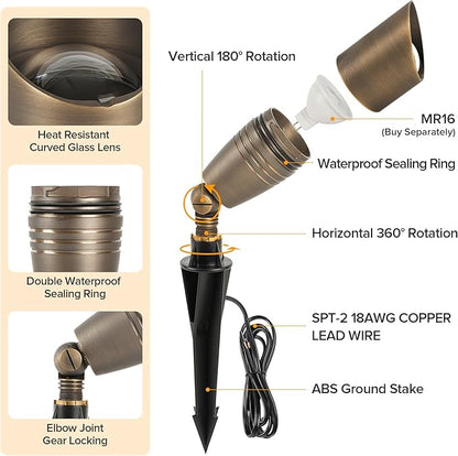 LUTEC Solid Brass Low Voltage Landscape Lighting, 12V Heavy Duty Waterproof Landscape Spotlights Bronze, Wired Uplights Outdoor Fixtureswith ABS Spike, Garden Yard Pathway Tree Without Bulb, 6 Pack
