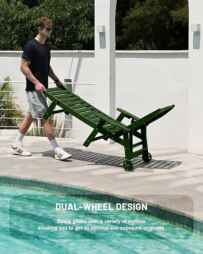 Lounge Chair Outdoor Set of 4 with Wheels, Adjustable 6-Position Chaise Lounge Outdoor, Patio Lounge Chair for Poolside Backyard, Green