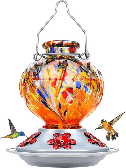 BOLITE Hummingbird Feeder, Hand Blown Glass Hummingbird Feeders for Outdoors Hanging, with 5 Feeding Ports, 22 Ounces, Peony Flower Shape, Orange, Gifts for Women Men, Gifts for Mom Dad
