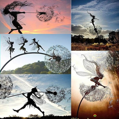 Flower Fairy Dancing with Dandelion Garden Art Sculpture Stainless Steel Statue Christmas Halloween Decoration for Outdoor Yard Courtyard Lawn Patio Metal Ornaments (Long Travel)