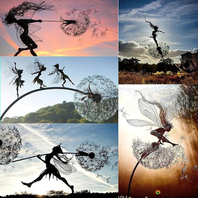 Flower Fairy Dancing with Dandelion Garden Art Sculpture Stainless Steel Statue Christmas Halloween Decoration for Outdoor Yard Courtyard Lawn Patio Metal Ornaments (Open Hands)