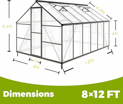 8x12 FT Greenhouses for Outdoors, Polycarbonate Greenhouse with PC Panels, Greenhouses for Outdoors for Yard, Garden, Hobby, Dark Grey