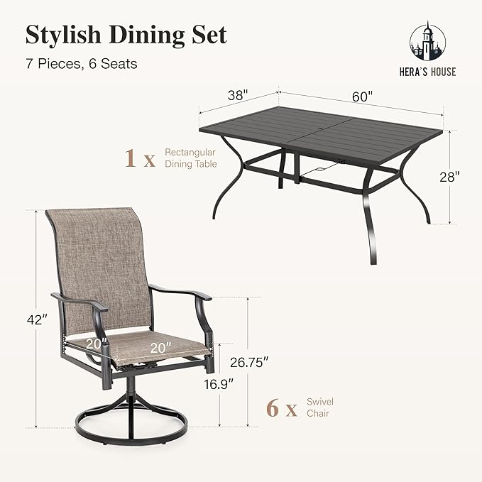 HERA'S HOUSE Outdoor Patio Dining Set of 7, 7 Piece Outdoor Table and Chairs Set of 1 Large Rectangular Patio Table and 6 Quick Dry Textilene Swivel High Back Rocking Chairs for Lawn, Park, and Garden