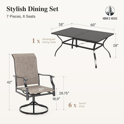 HERA'S HOUSE Outdoor Patio Dining Set of 7, 7 Piece Outdoor Table and Chairs Set of 1 Large Rectangular Patio Table and 6 Quick Dry Textilene Swivel High Back Rocking Chairs for Lawn, Park, and Garden