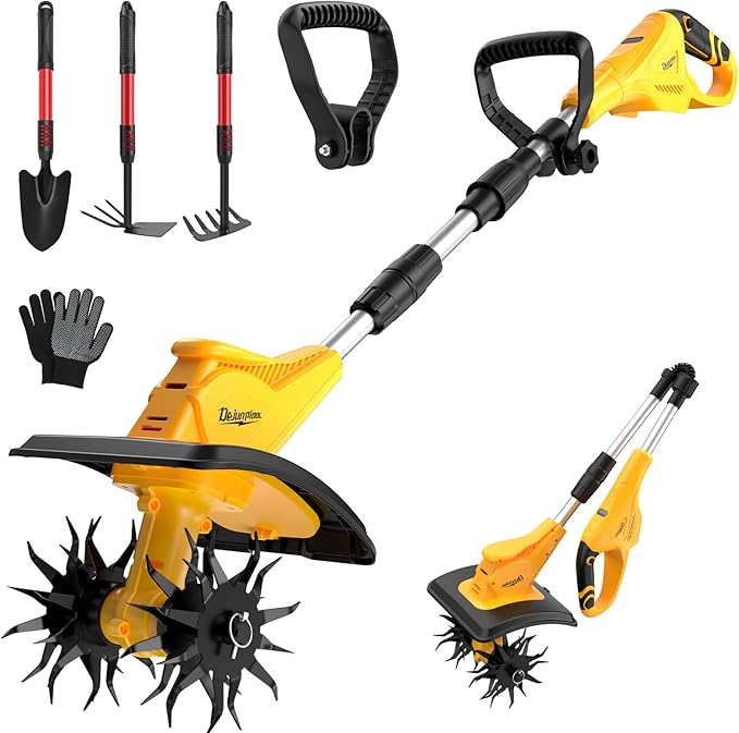 Cordless Tiller Cultivator Compatible with DEWALT 20V MAX Battery(Tool Only), Folding Electric Rototiller for Garden with 40 Steel Tines 310RPM, 9.1In Tilling Width and 6.3In Depth