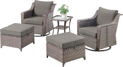 Outdoor Wicker Patio Furniture Set - 5 Piece Outside Rattan Conversation Bistro Dining Chair Sets with Rocking Swivel Chairs, Ottomans and Side Table for Porch Yard Balcony – Brown/Grey