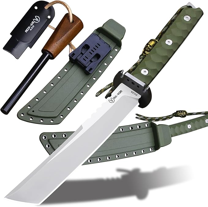 BA-KOR 15.8in Full Tang Japanese Style Outdoor Knife –8mm DC53 Steel, Nylon Fiber Handle &Sheath, Hunting Survival Knife+(5.9in) cerium igniter (Green-handled white blade (8mm))