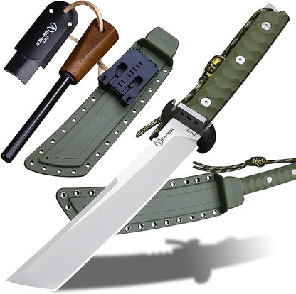 BA-KOR 15.8in Full Tang Japanese Style Outdoor Knife –8mm DC53 Steel, Nylon Fiber Handle &Sheath, Hunting Survival Knife+(5.9in) cerium igniter (Green-handled white blade (8mm))
