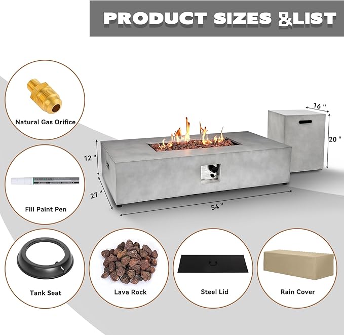 2-Piece 54" Outdoor Propane Fire Pit Table Set W 16" Tank Cover Side Table, 50,000 BTU Rectangle Concrete Fire Pit Coffee Table, Lava Rocks, Rain Cover for Patio, Backyard, Garden, Porch, Deck