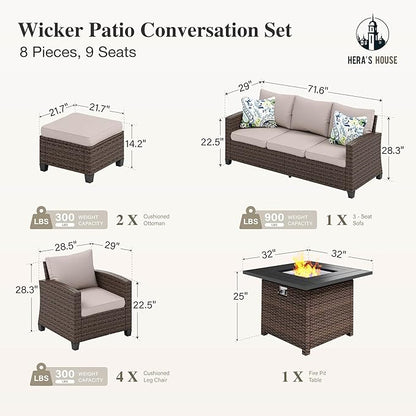 HERA'S HOUSE 8 Pieces Wicker Patio Furniture Set with Fire Pit Table, 4 x Single Chair, 2 x Ottoman, 3-Seat Sofa and 32" Fire Pit Table, Outdoor Rattan Conversation Set for Garden, Poolside, Backyard