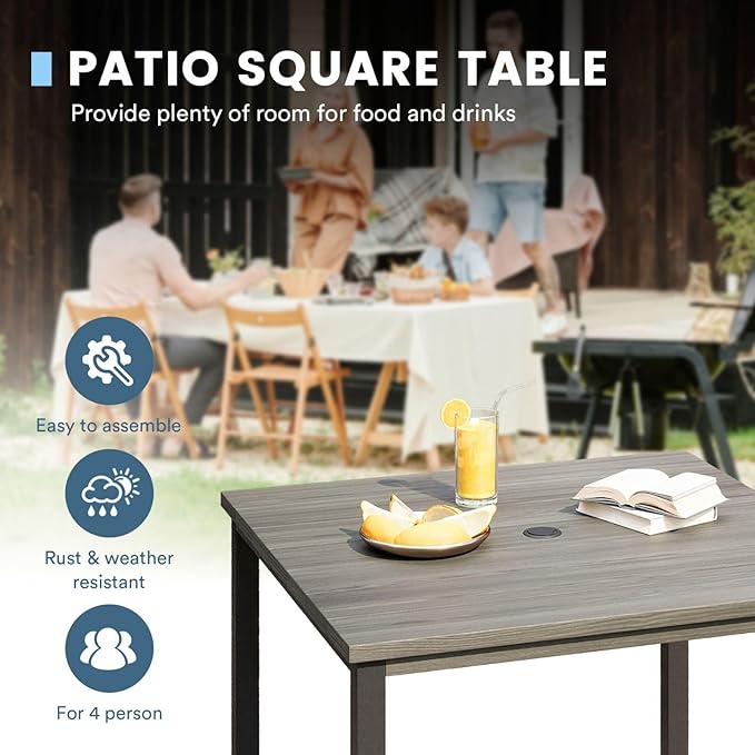 DIFY 40.2" Square Patio Dining Table for 4, Outdoor Metal Dining Table with 1.57" Umbrella Hole for Backyard Lawn Garden, Grey Wood-Like