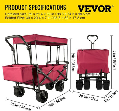Happbuy Collapsible Wagon with Removable Canopy, 220lbs Heavy Duty Foldable Beach Wagon with Big Wheels