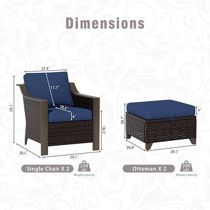 4 Piece Wicker Patio Conversation Set, All-Weather Use Outdoor 2 PE Rattan Chair, 2 Ottoman, Removable Water-Resistant Cushion, Ideal for Porch, Backyard, Balcony, Poolside, Blue