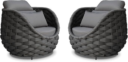 2 Pcs Patio Rope Accent Chair: Aluminum Single Lounge Armchair - Large Woven Chair Cushioned - Modern Arm Chair Assembled for 400lbs Outdoor Lanai Deck Balcony Porch Yard Garden Hotel, Dark Gray